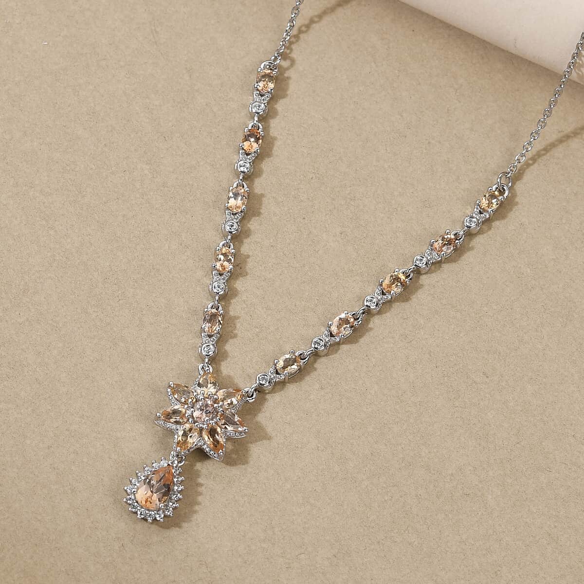 Premium Natural Imperial Topaz and Natural White Zircon Flower Necklace 18 Inches in Platinum Over Sterling Silver 5.00 ctw image number 1