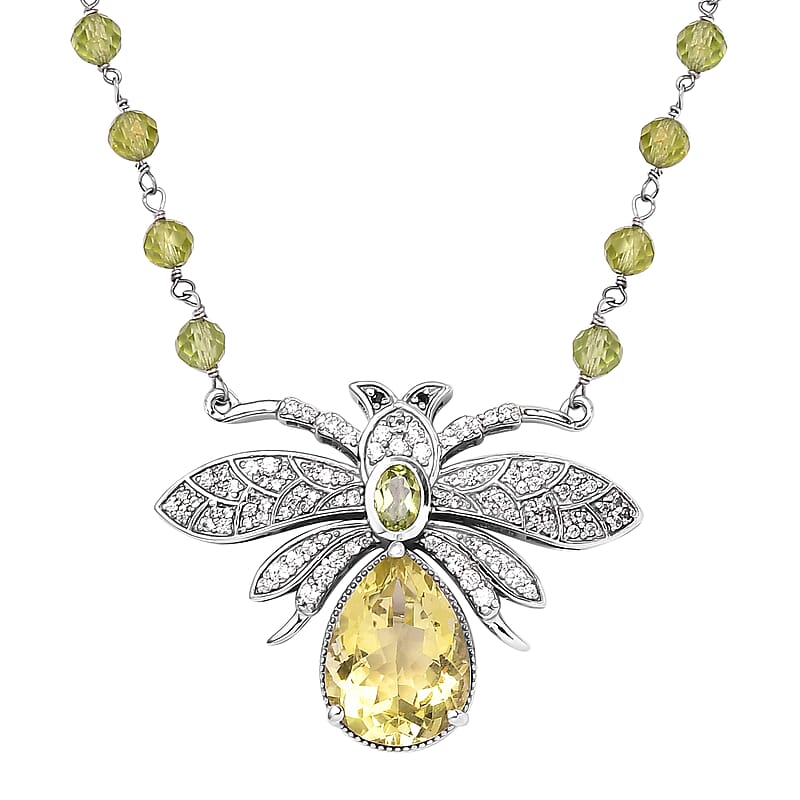 GP Italian Garden Collection Green Gold Quartz and Multi Gemstone Bee Necklace 18 Inches in Platinum Over Sterling Silver 10.40 Grams 34.90 ctw