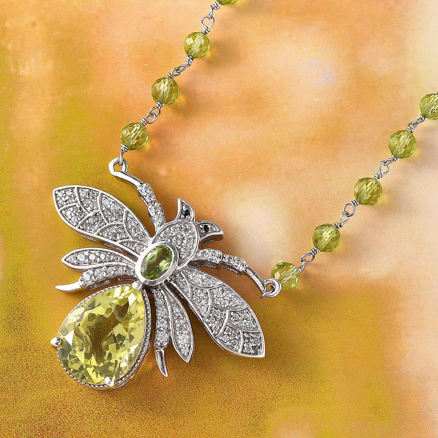GP Italian Garden Collection Green Gold Quartz and Multi Gemstone Bee Necklace 18 Inches in Platinum Over Sterling Silver 10.40 Grams 34.90 ctw