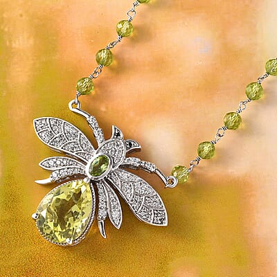 GP Italian Garden Collection Green Gold Quartz and Multi Gemstone Bee Necklace 18 Inches in Platinum Over Sterling Silver 10.40 Grams 34.90 ctw