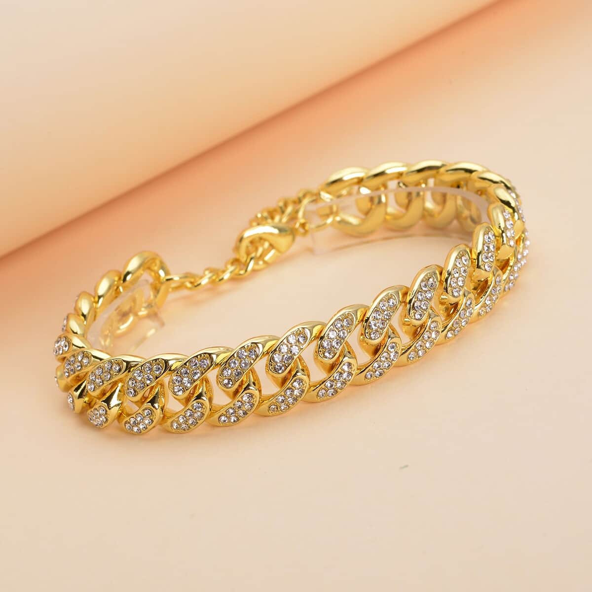 Austrian Crystal Curb Link Bracelet in Goldtone (7.5-9.5In) image number 1