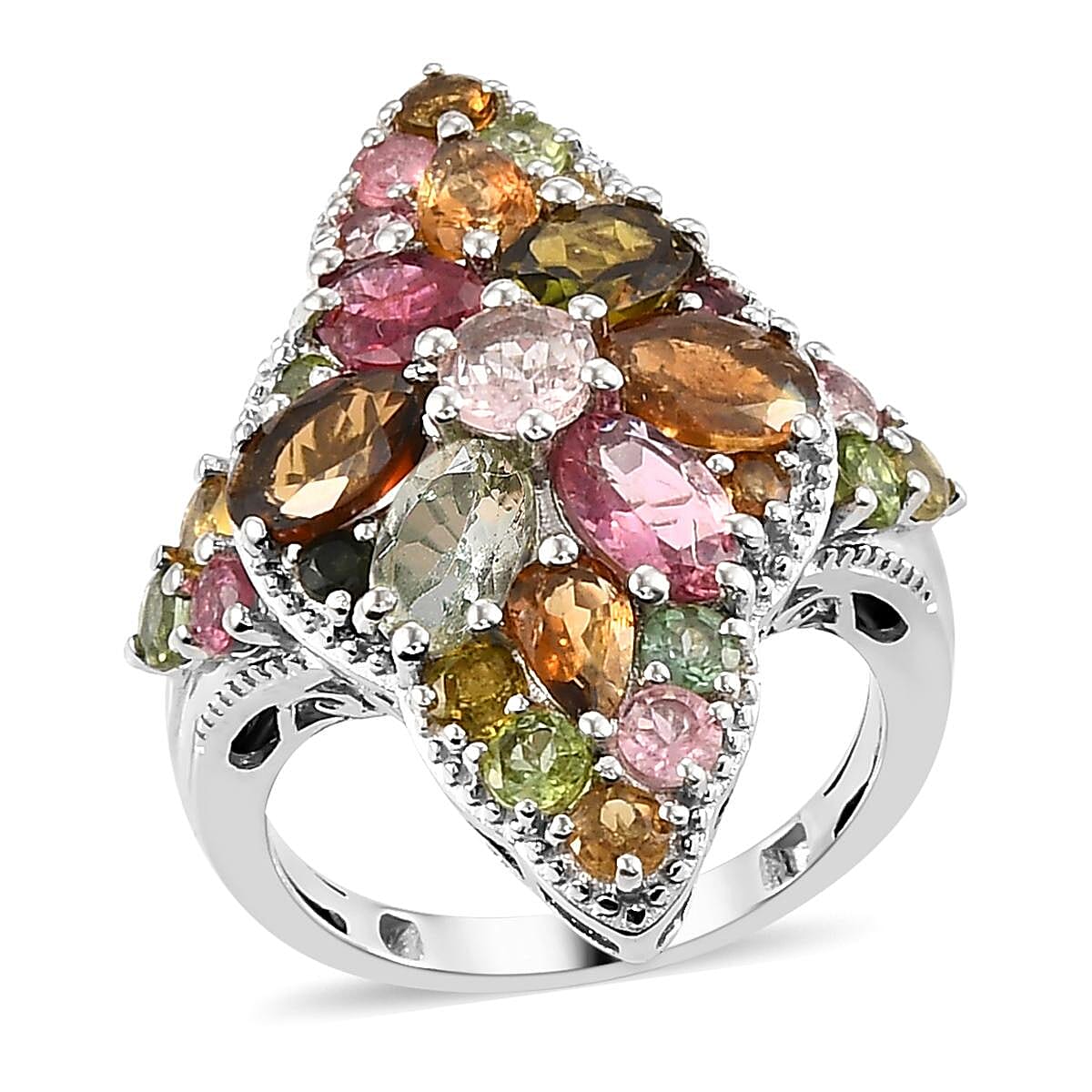 Multi-Tourmaline Elongated Ring in Platinum Over Sterling Silver (Size 10.0) 4.40 ctw