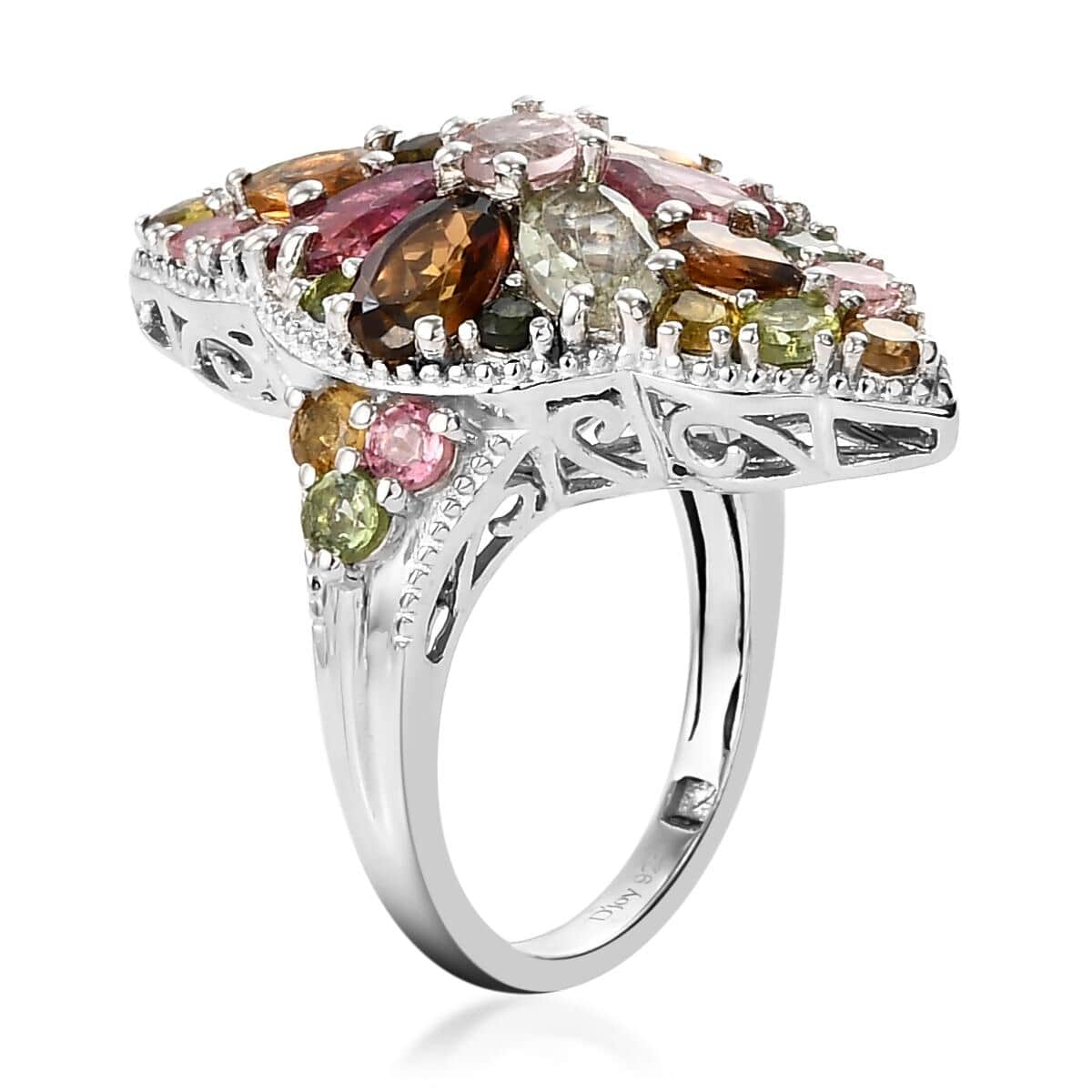 Multi-Tourmaline Elongated Floral Cocktail Ring in Platinum Over Sterling Silver (Size 8.0) 4.40 ctw image number 3