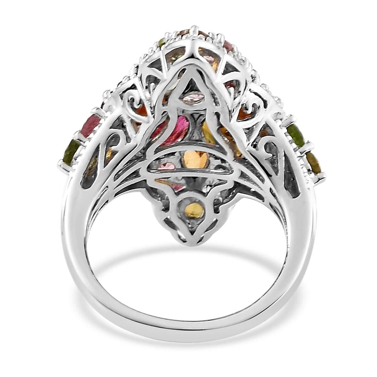 Multi-Tourmaline Elongated Floral Cocktail Ring in Platinum Over Sterling Silver (Size 8.0) 4.40 ctw image number 4