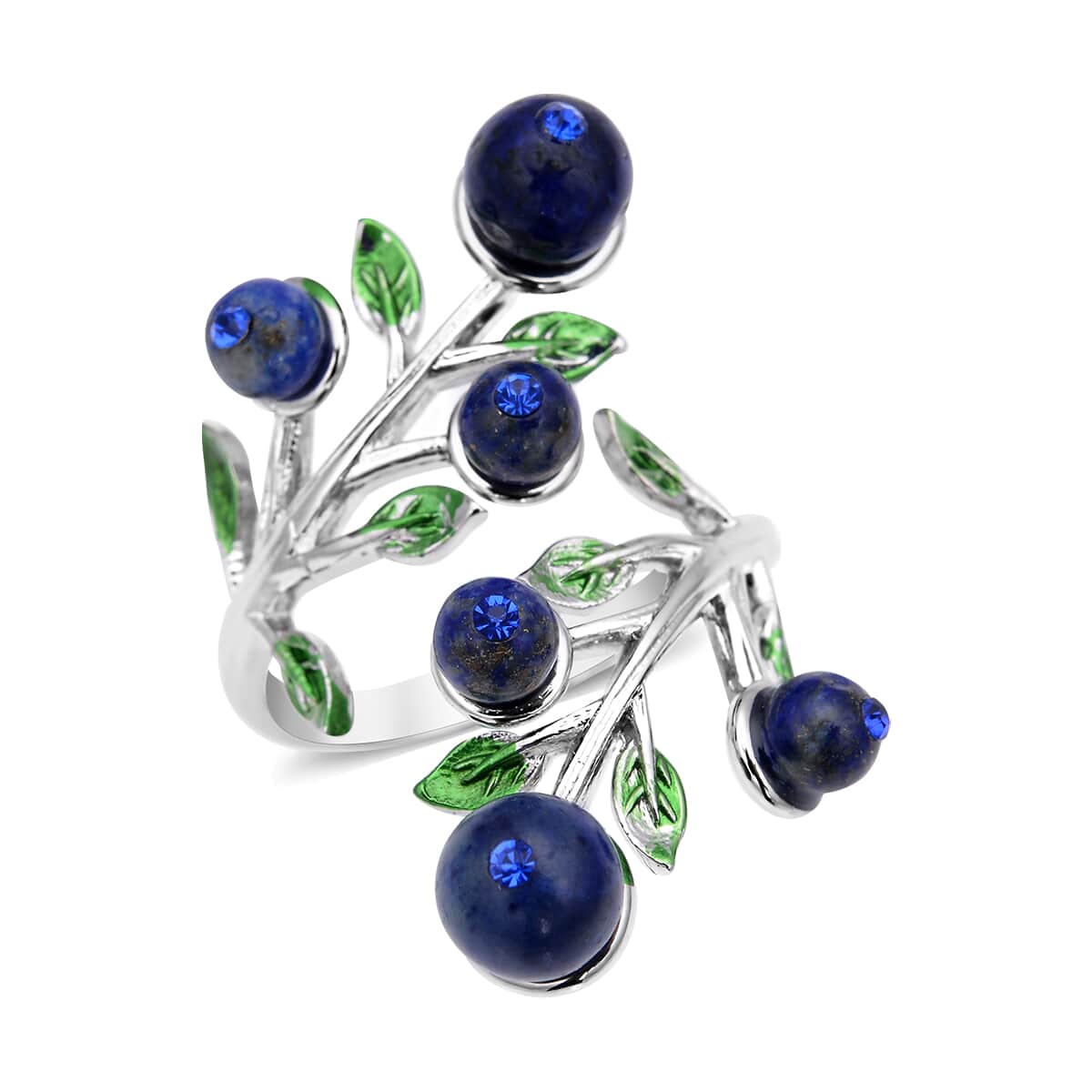 Lapis Lazuli and Blue Austrian Crystal Leaf Bypass Adjustable Ring in Silvertone (Size 6-9) 2.20 ctw image number 0