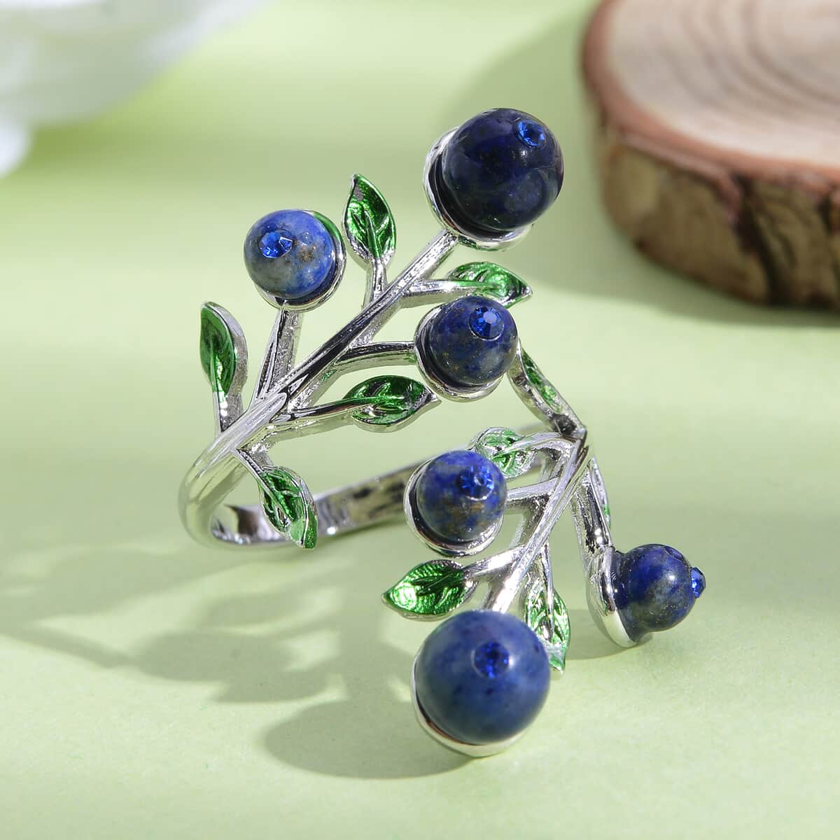 Lapis Lazuli and Blue Austrian Crystal Leaf Bypass Adjustable Ring in Silvertone (Size 6-9) 2.20 ctw image number 1