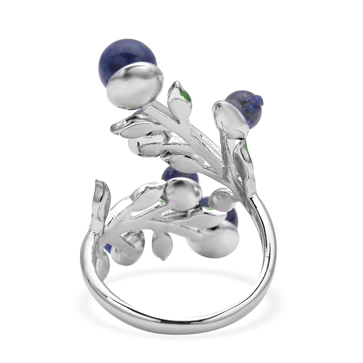 Lapis Lazuli and Blue Austrian Crystal Leaf Bypass Adjustable Ring in Silvertone (Size 6-9) 2.20 ctw image number 3