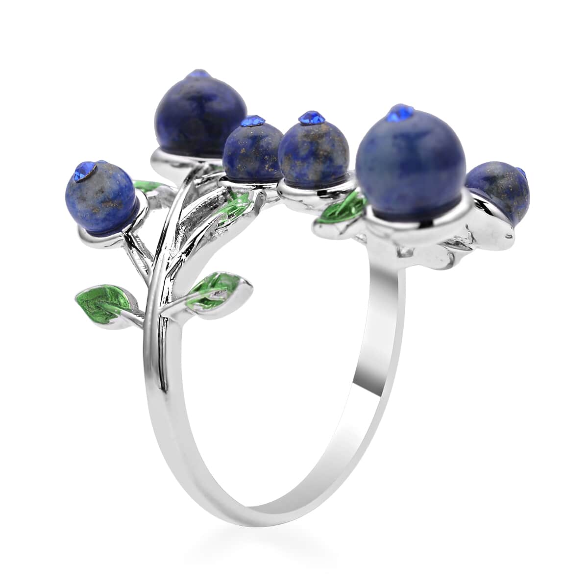Lapis Lazuli and Blue Austrian Crystal Leaf Bypass Adjustable Ring in Silvertone (Size 6-9) 2.20 ctw image number 4
