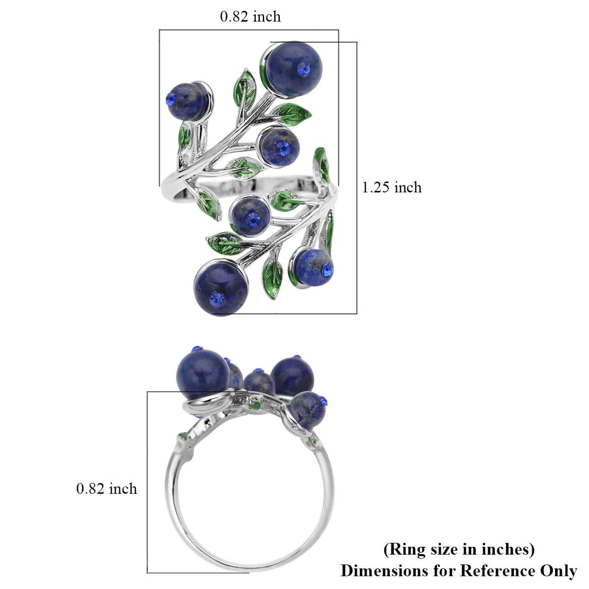 Lapis Lazuli and Blue Austrian Crystal Leaf Bypass Adjustable Ring in Silvertone (Size 6-9) 2.20 ctw image number 5