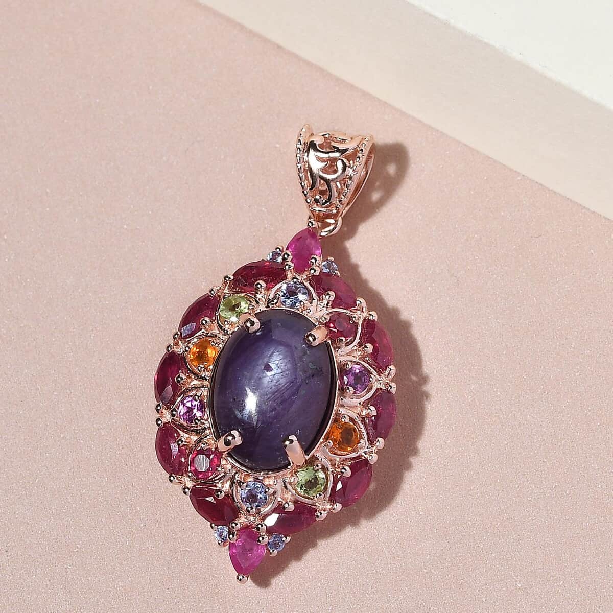 Indian Star Ruby and Multi Gemstone Cocktail Pendant in Vermeil Rose Gold Over Sterling Silver 15.40 ctw image number 1