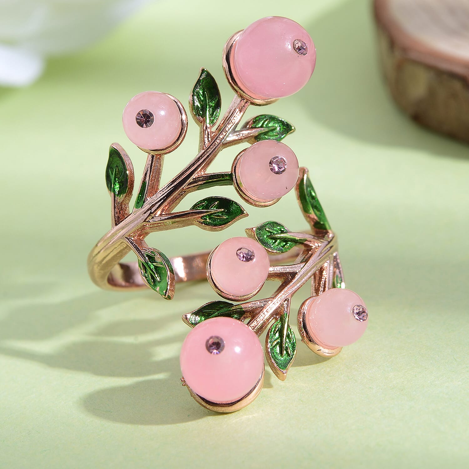 Galilea Rose Quartz and Pink Austrian Crystal Leaf Bypass Adjustable Ring in Rosetone (Size 6-9) 2.20 ctw