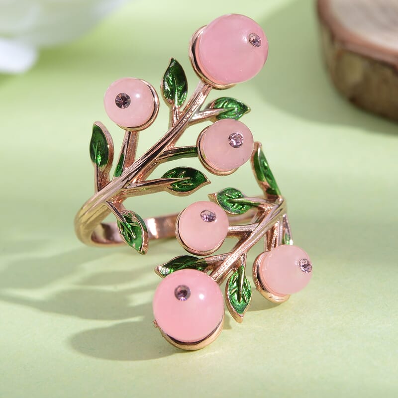 Galilea Rose Quartz and Pink Austrian Crystal Leaf Bypass Adjustable Ring in Rosetone (Size 6-9) 2.20 ctw