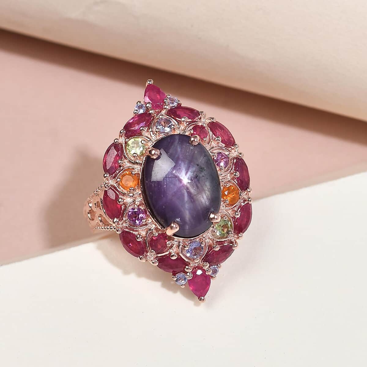 Indian Star Ruby and Multi Gemstone Cocktail Ring in Vermeil Rose Gold Over Sterling Silver (Size 9.0) 14.35 ctw image number 1