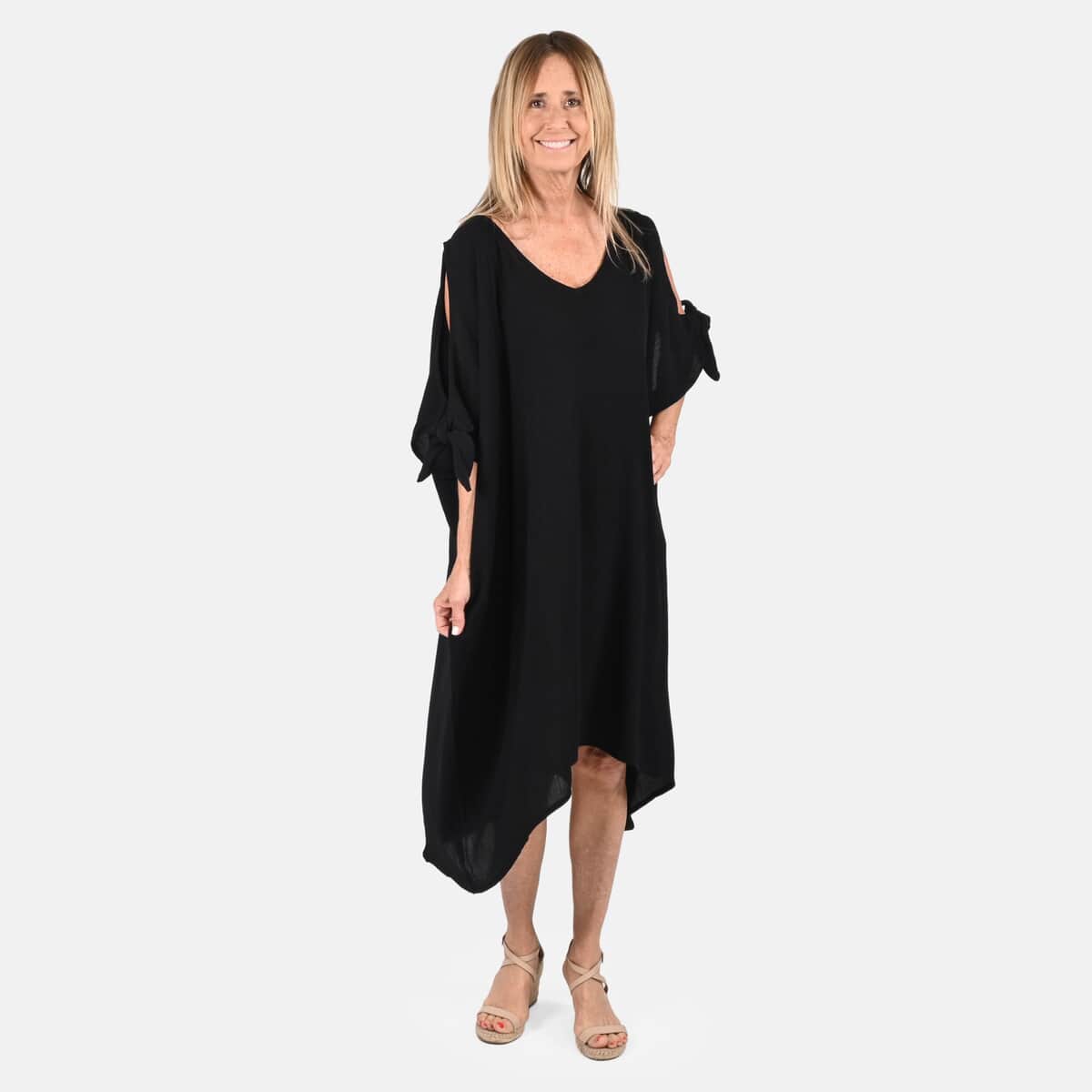 Tamsy Black V-Neck Dress with Tie Sleeves - One Size Fits Most image number 0