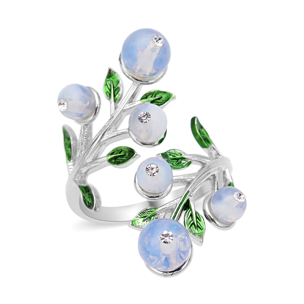 Opalite and White Austrian Crystal Leaf Bypass Adjustable Ring in Silvertone (Size 6-9) 2.20 ctw image number 0
