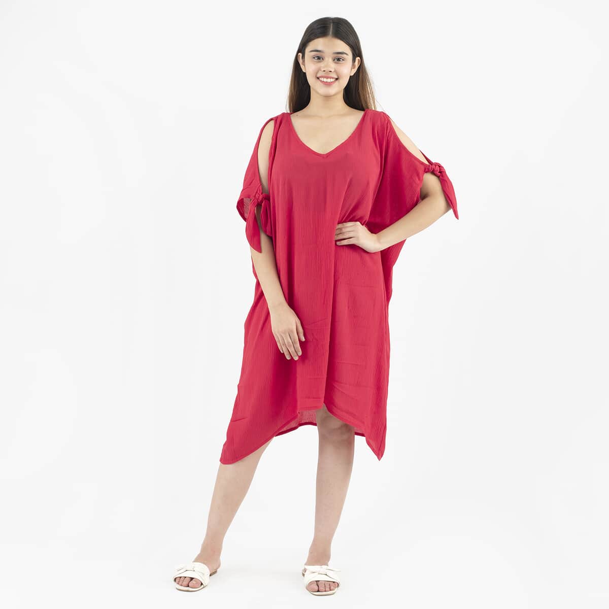 Tamsy Red V-Neck Dress with Tie Sleeves - One Size Fits Most image number 0