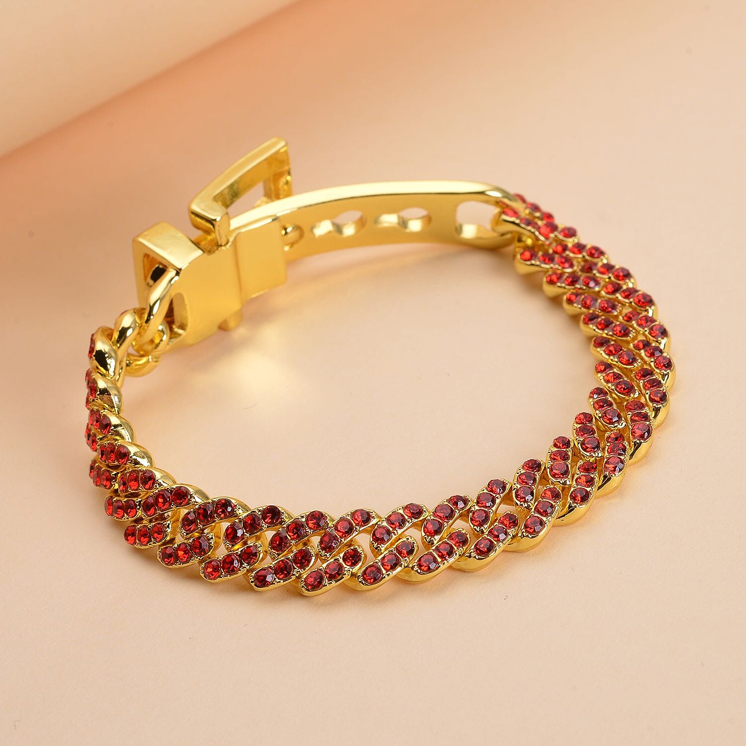 Red Color Austrian Crystal Bracelet in Goldtone (7.00 In)