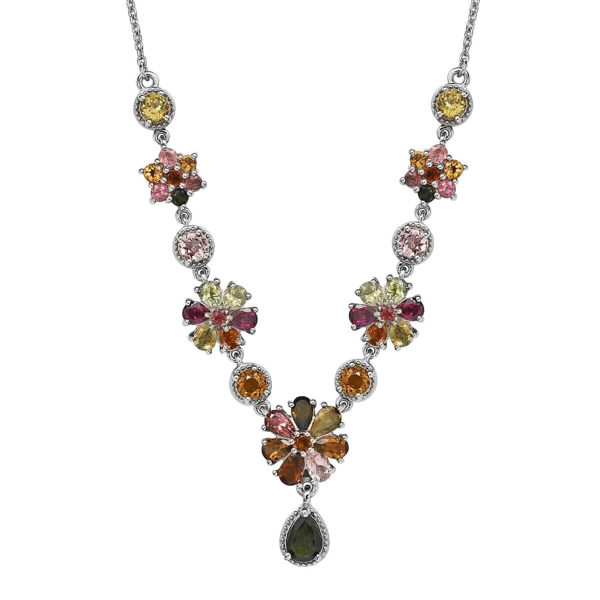 Multi-Tourmaline Floral Necklace 18 Inches in Platinum Over Sterling Silver 7.75 Grams 6.50 ctw image number 0