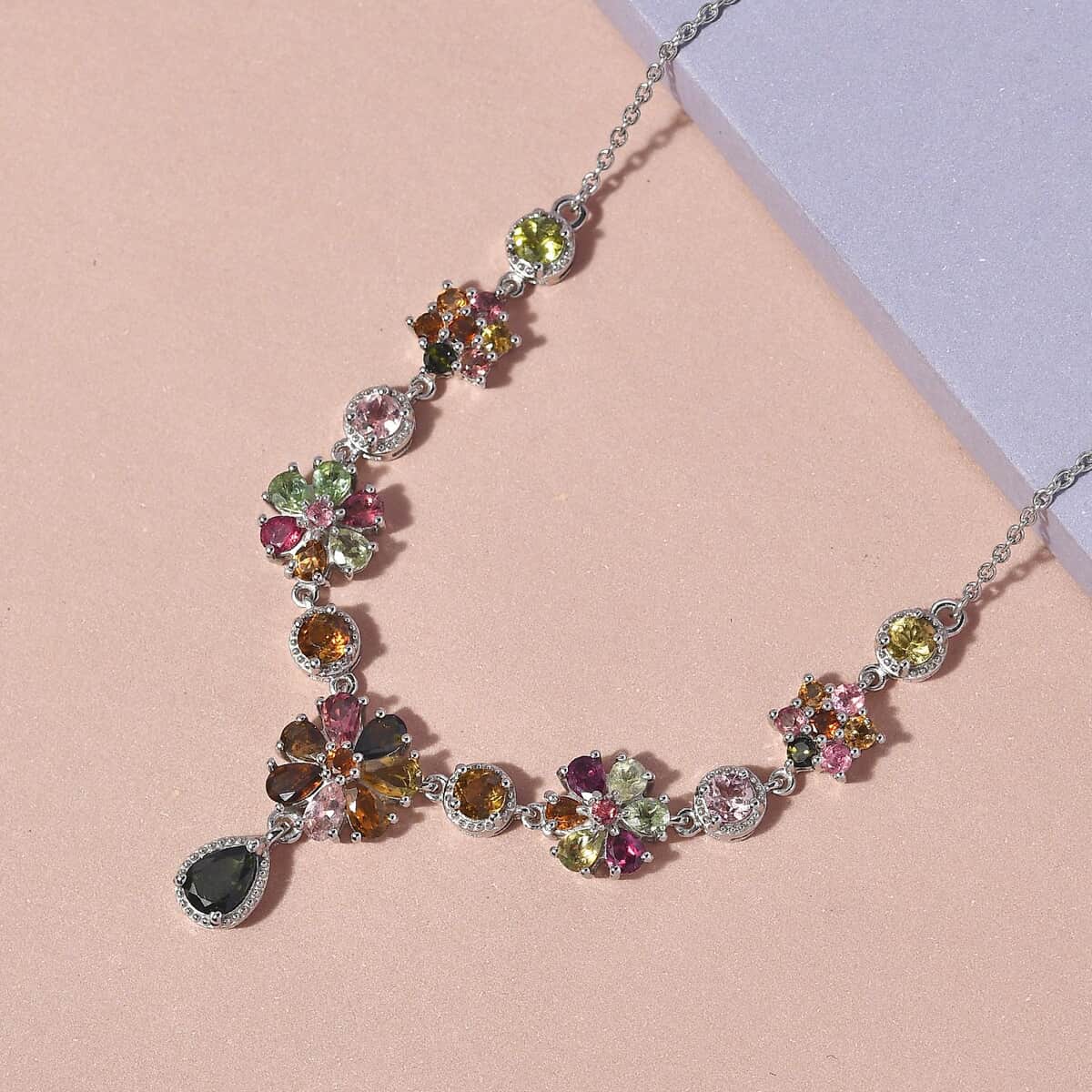 Multi-Tourmaline Floral Necklace 18 Inches in Platinum Over Sterling Silver 7.75 Grams 6.50 ctw image number 1