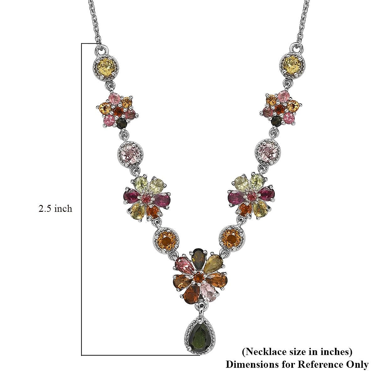 Multi-Tourmaline Floral Necklace 18 Inches in Platinum Over Sterling Silver 7.75 Grams 6.50 ctw