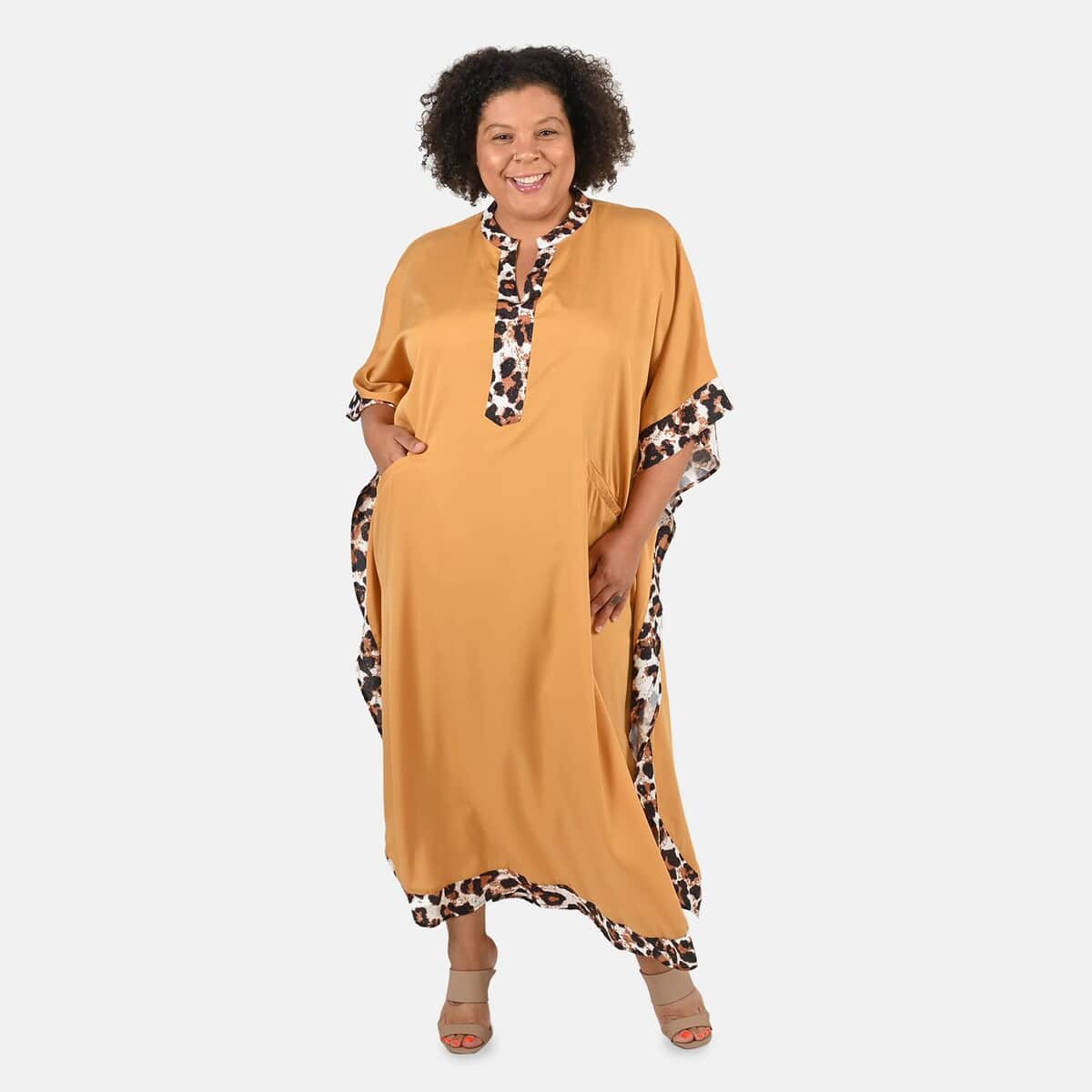 TAMSY Tan Solid American Crepe Long Kaftan With Printed Outerline - One Size Fits Most image number 0