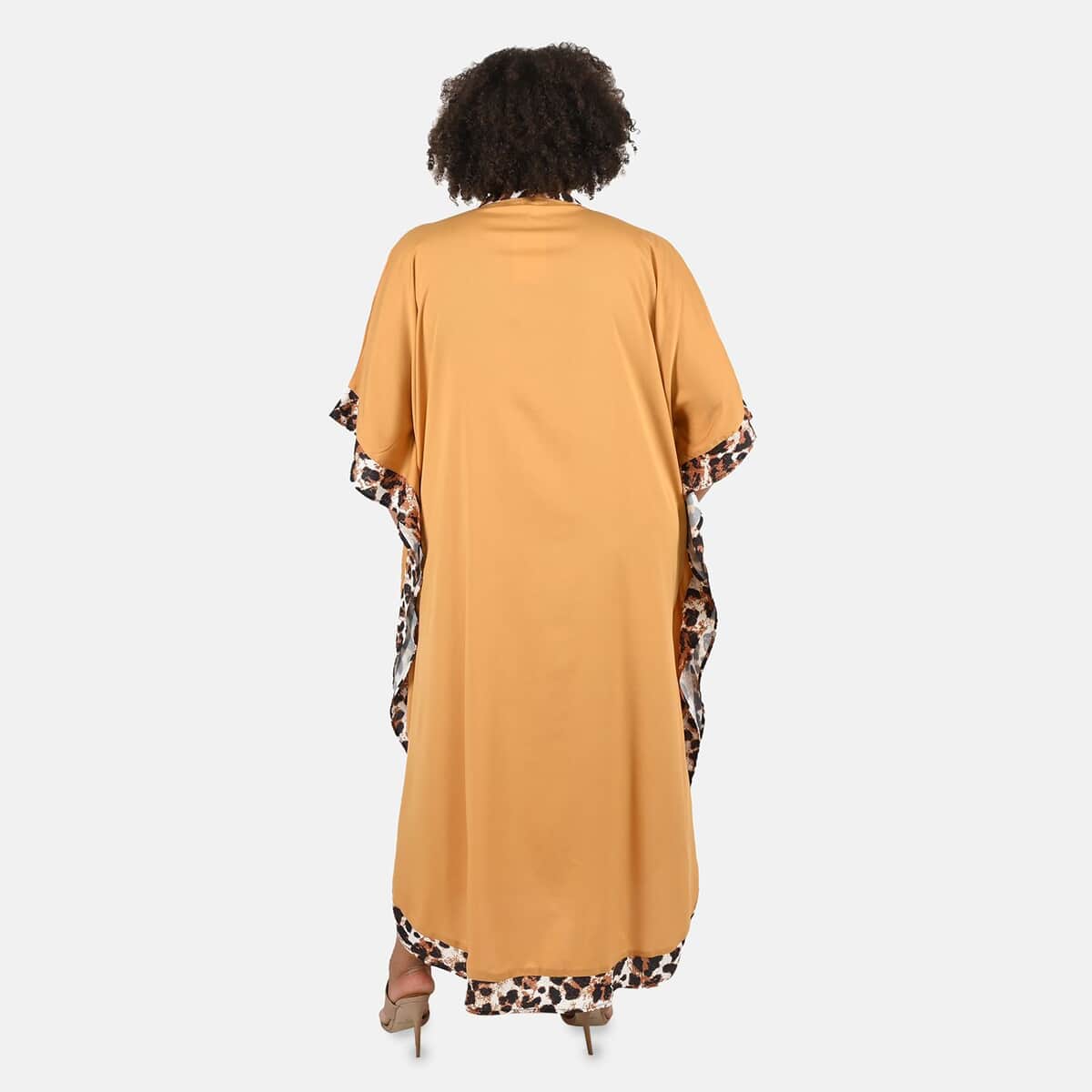 TAMSY Tan Solid American Crepe Long Kaftan With Printed Outerline - One Size Fits Most image number 1
