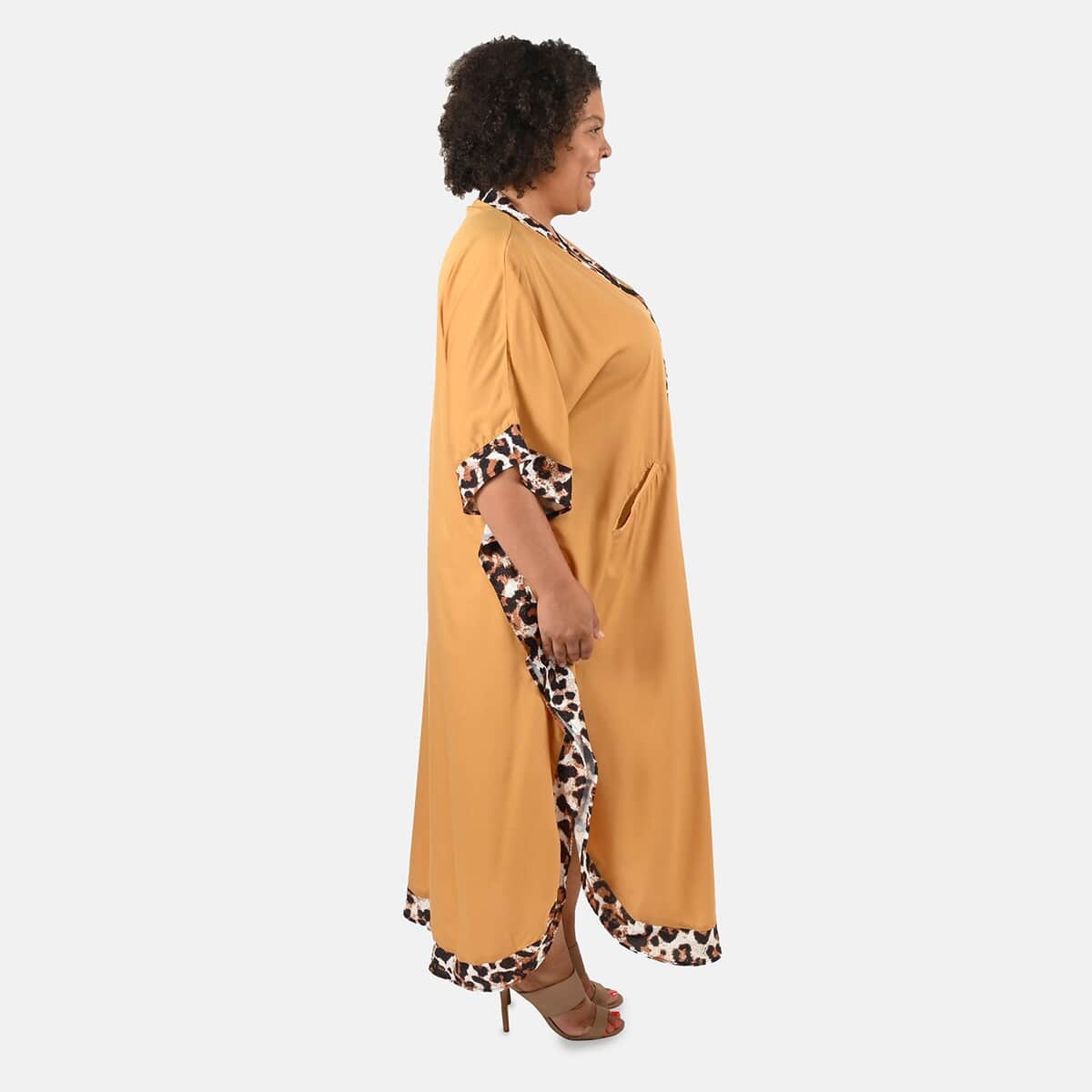 TAMSY Tan Solid American Crepe Long Kaftan With Printed Outerline - One Size Fits Most image number 2