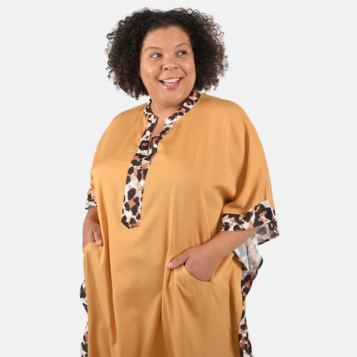 TAMSY Tan Solid American Crepe Long Kaftan With Printed Outerline - One Size Fits Most image number 3