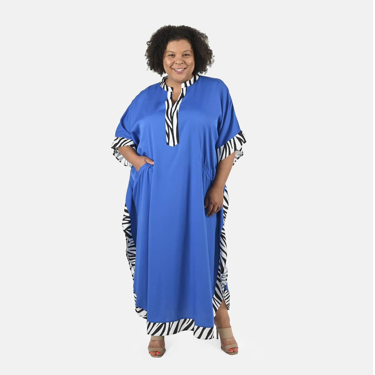 Tamsy Blue Solid American Crepe Long Kaftan With Printed Outerline - One Size Fits Most image number 0