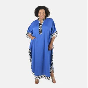 Tamsy Blue Solid American Crepe Long Kaftan With Printed Outerline - One Size Fits Most