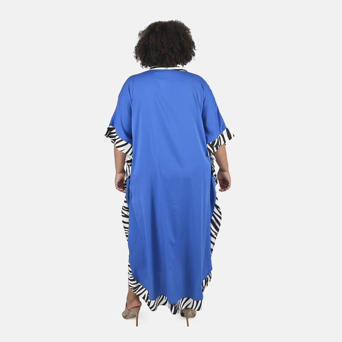 Tamsy Blue Solid American Crepe Long Kaftan With Printed Outerline - One Size Fits Most image number 1