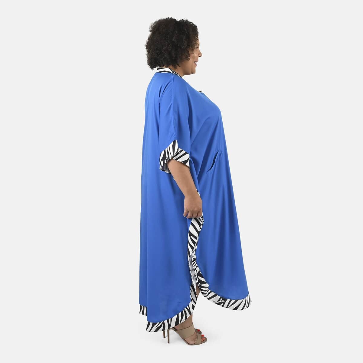 Tamsy Blue Solid American Crepe Long Kaftan With Printed Outerline - One Size Fits Most image number 2