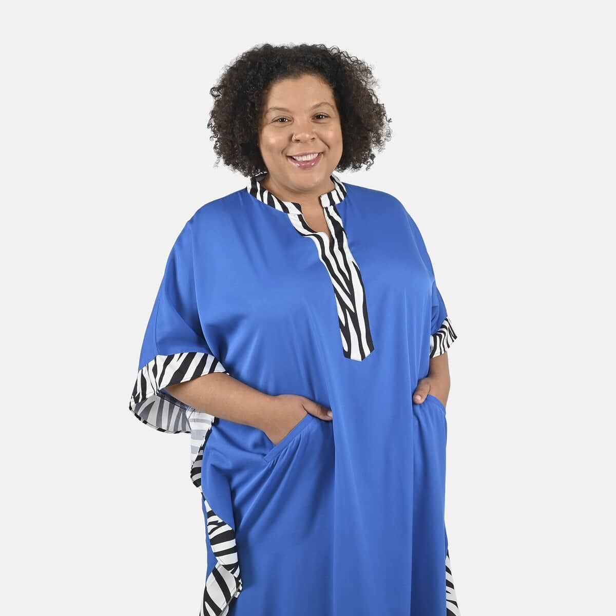 Tamsy Blue Solid American Crepe Long Kaftan With Printed Outerline - One Size Fits Most image number 3