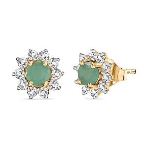 Zambian Emerald and White Zircon Cluster 0.90 ctw Earrings in Vermeil YG Over Sterling Silver