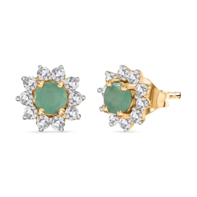 Zambian Emerald and White Zircon Cluster 0.90 ctw Earrings in Vermeil YG Over Sterling Silver