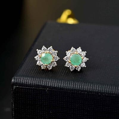 Zambian Emerald and White Zircon Cluster 0.90 ctw Earrings in Vermeil YG Over Sterling Silver