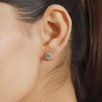 Zambian Emerald and White Zircon Cluster 0.90 ctw Earrings in Vermeil YG Over Sterling Silver