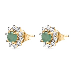 Zambian Emerald and White Zircon Cluster 0.90 ctw Earrings in Vermeil YG Over Sterling Silver