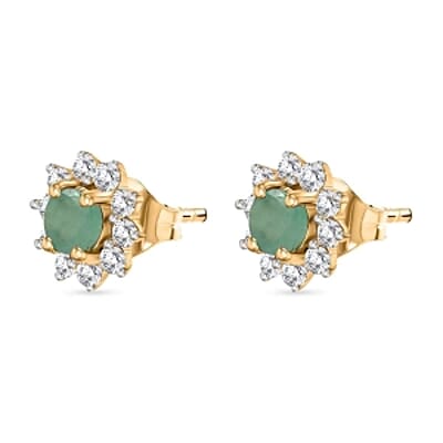 Zambian Emerald and White Zircon Cluster 0.90 ctw Earrings in Vermeil YG Over Sterling Silver