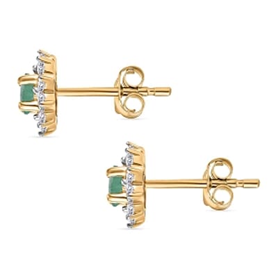 Zambian Emerald and White Zircon Cluster 0.90 ctw Earrings in Vermeil YG Over Sterling Silver