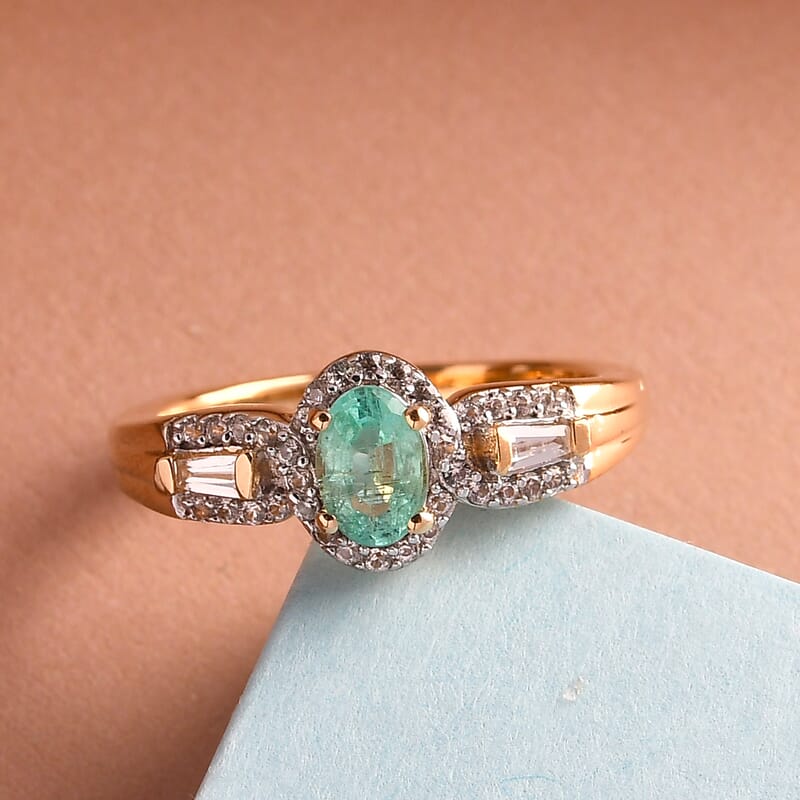 Boyaca Colombian Emerald and Natural White Zircon Ring in Vermeil Yellow Gold Over Sterling Silver (Size 10.0) 0.85 ctw
