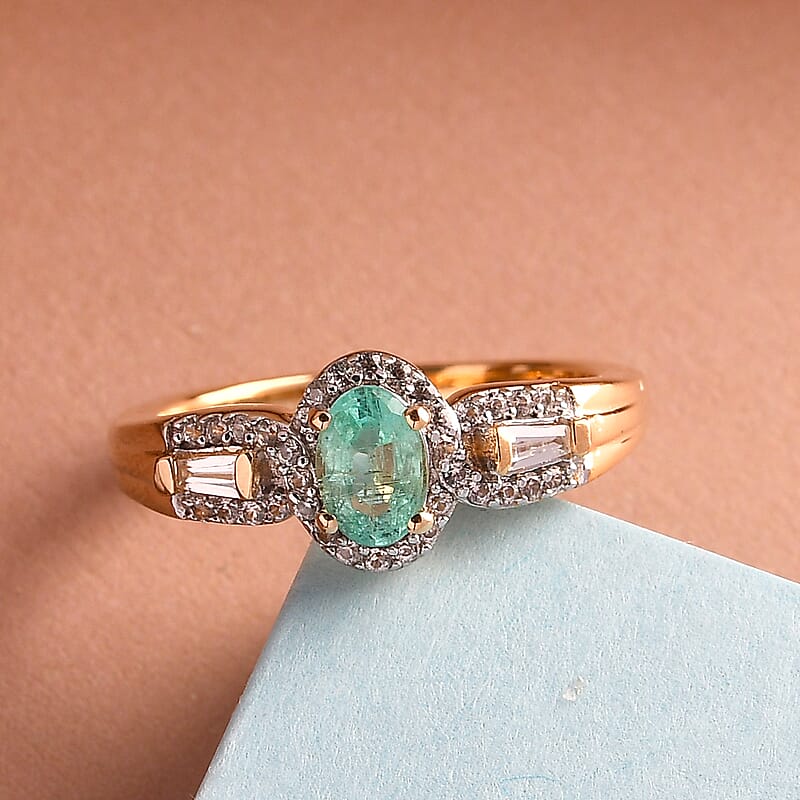 Boyaca Colombian Emerald and Natural White Zircon Ring in Vermeil Yellow Gold Over Sterling Silver (Size 10.0) 0.85 ctw