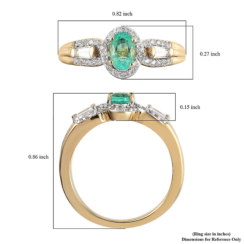Boyaca Colombian Emerald and Natural White Zircon Ring in Vermeil Yellow Gold Over Sterling Silver (Size 10.0) 0.85 ctw