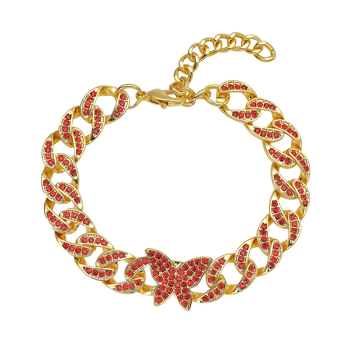 Red Austrian Crystal Curb Chain Bracelet with Butterfly Charm (7.5-9.5In) image number 0
