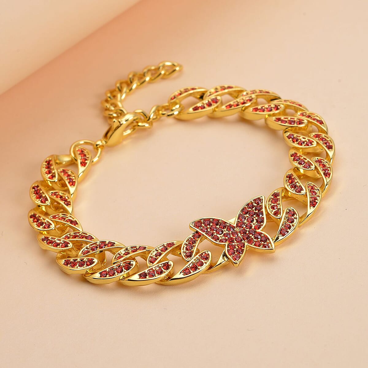 Red Austrian Crystal Curb Chain Bracelet with Butterfly Charm (7.5-9.5In) image number 1