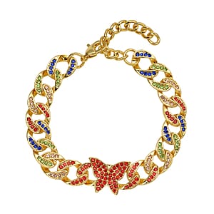 Multi Color Austrian Crystal Curb Chain Bracelet with Butterfly Charm (7.5-9.5In)