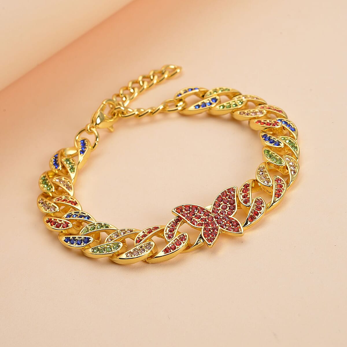 Multi Color Austrian Crystal Curb Chain Bracelet with Butterfly Charm (7.5-9.5In) image number 1