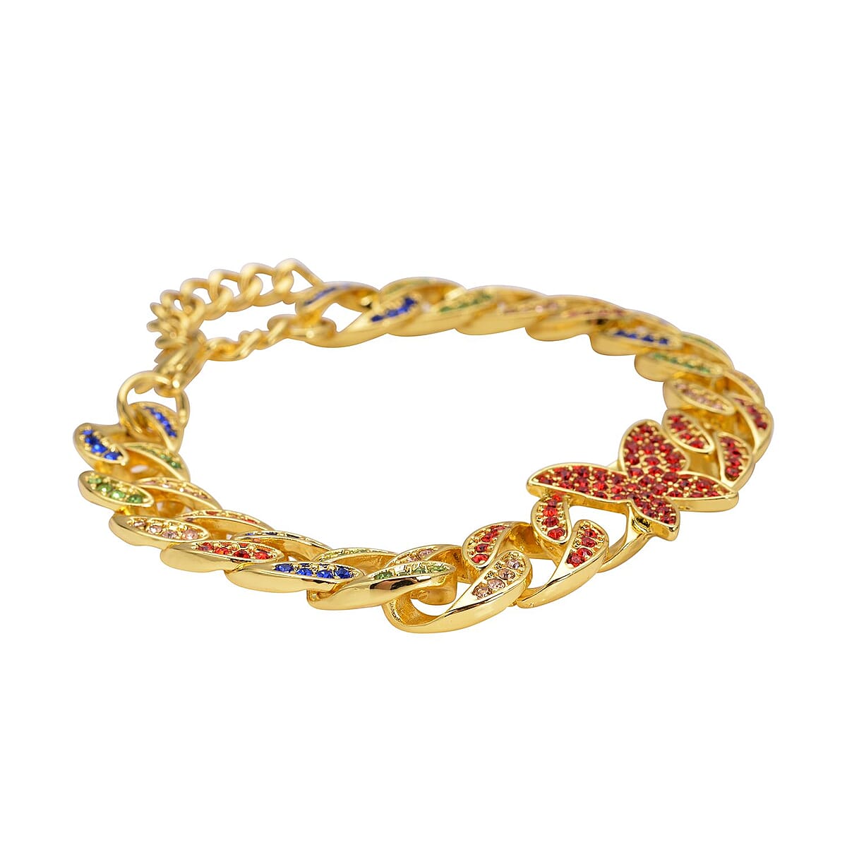 Multi Color Austrian Crystal Curb Chain Bracelet with Butterfly Charm (7.5-9.5In) image number 2