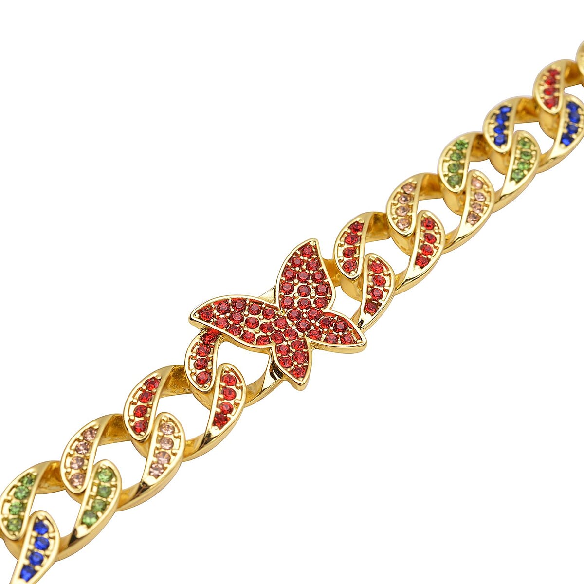 Multi Color Austrian Crystal Curb Chain Bracelet with Butterfly Charm (7.5-9.5In) image number 3