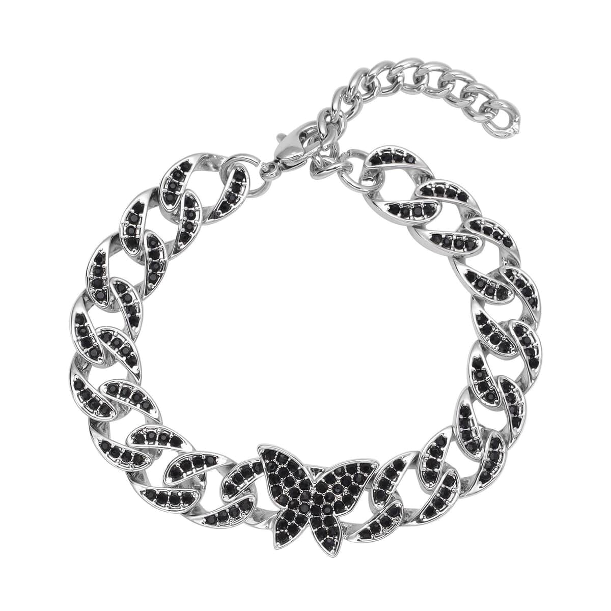 Black Austrian Crystal Curb Chain Bracelet with Butterfly Charm (7.5-9.5In) in Silvertone image number 0